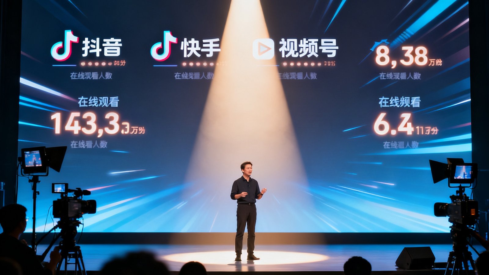企业新品发布会多平台同步直播现场，舞台聚光灯下演讲者正在介绍产品，背景大屏实时跳动着抖音、快手、视频号等6个平台的在线观看人数